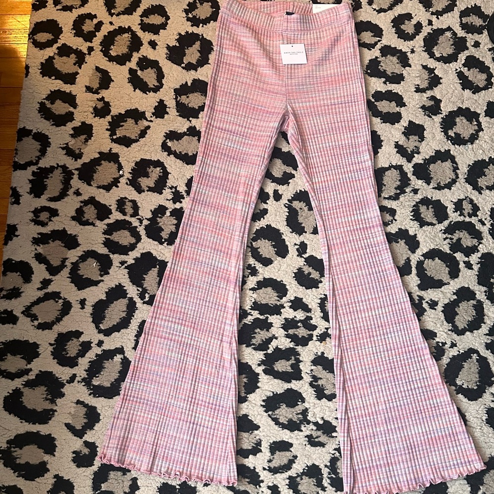 American Eagle Outfitters Pink Plaid Ribbed Flare Pants